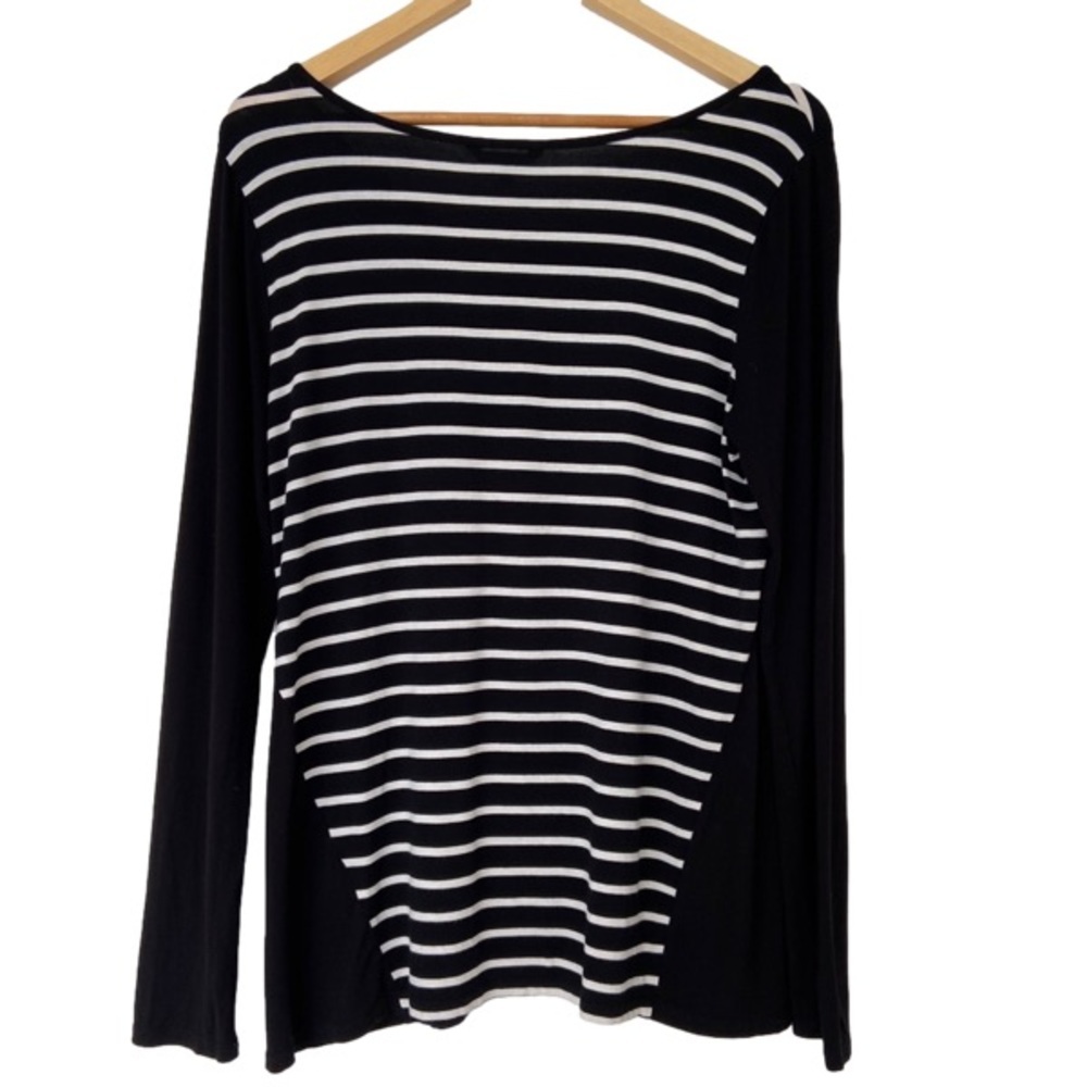 RW&CO. BLACK/WHITE STRIPED VISCOSE JERSERY LONG SLEEVED CREW NECK TOP, LARGE - Picture 2 of 9